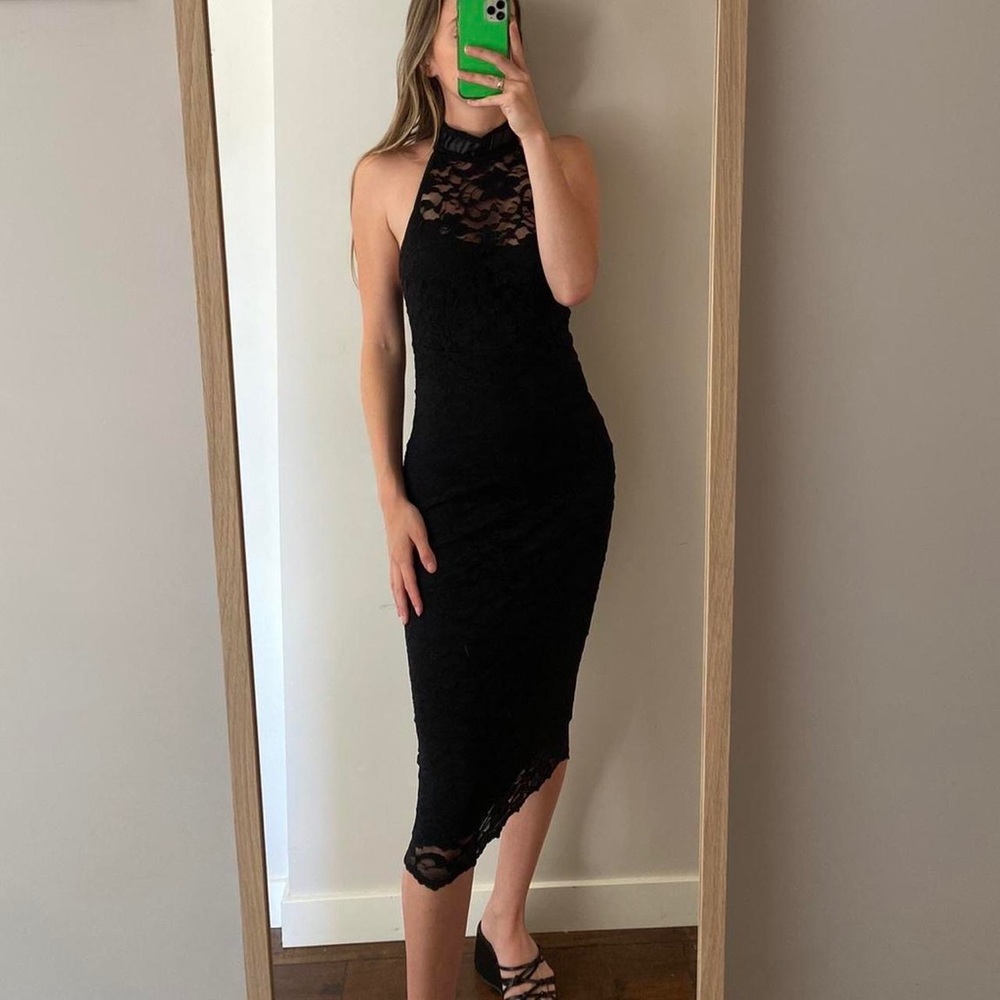 90s black high neck lace midi dress